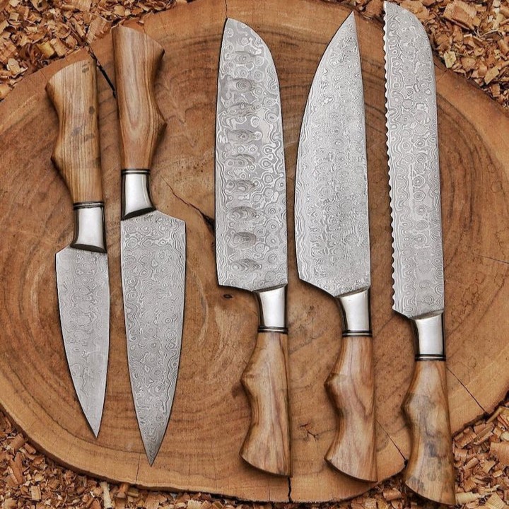 Handmade 5-Piece Damascus Chef Knife Set – Paring, Utility, Chef, Bread & Cleaver with Leather Roll Handmade 5-Piece Damascus Chef Knife Set – Paring, Utility, Chef, Bread & Cleaver with Leather Roll - Image 4