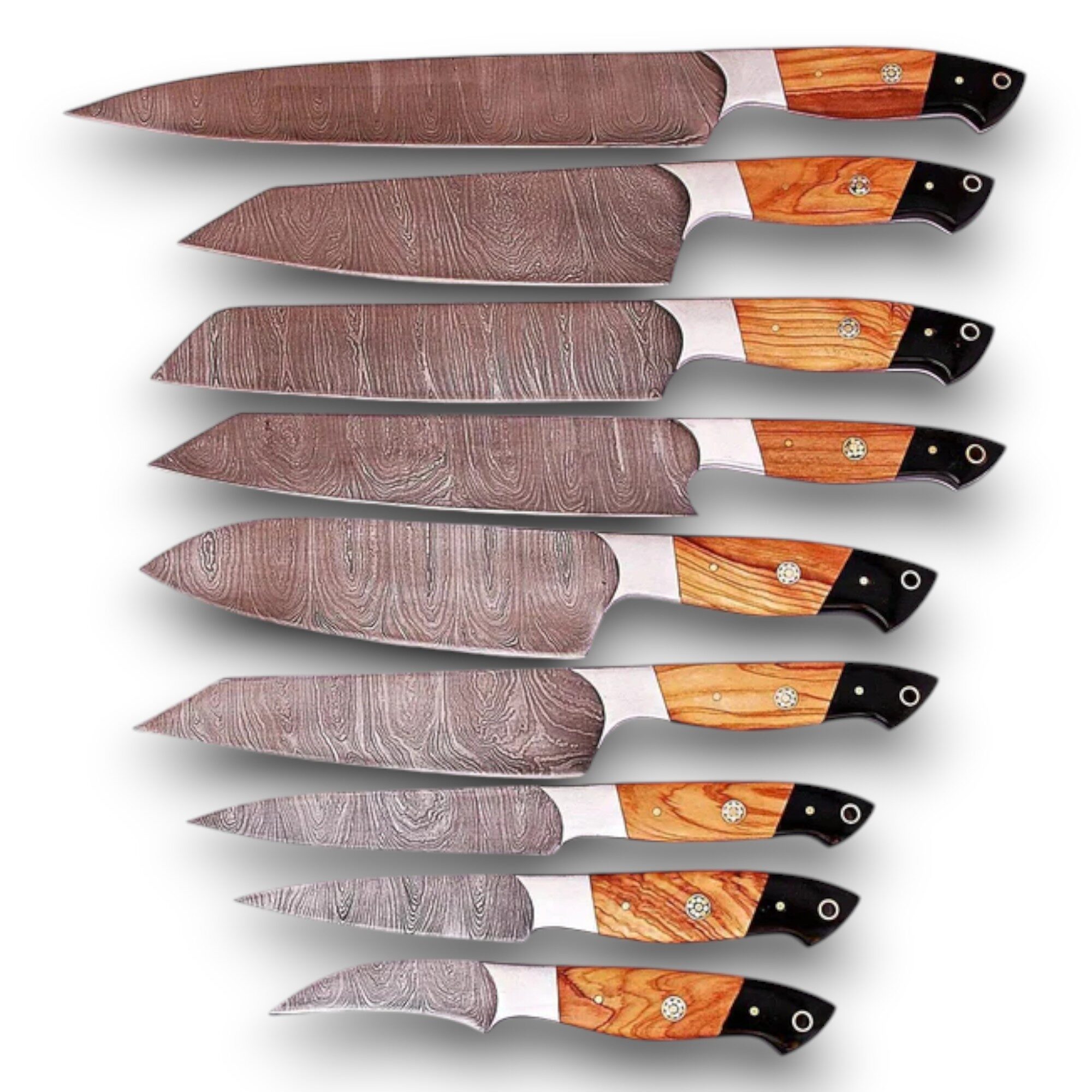 9 Pieces Custom Damascus Steel Kitchen Knife Set – Olive Wood Handle with Full Tang Blades 9 Pieces Custom Damascus Steel Kitchen Knife Set – Olive Wood Handle with Full Tang Blades - Image 4