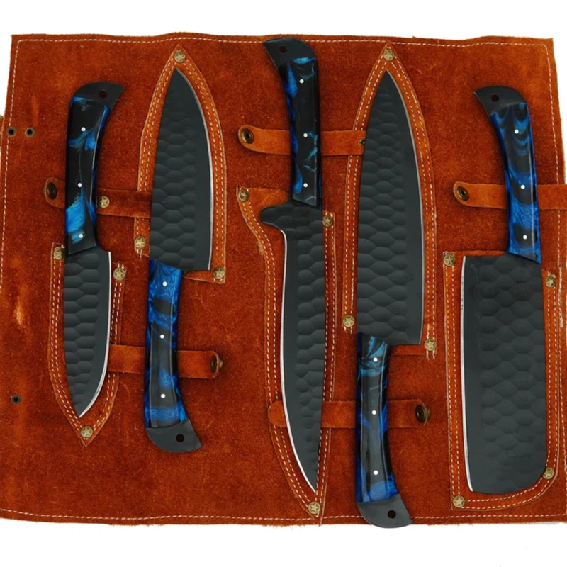Hand-Forged D2 Steel Chef Knife Set – 5 Piece Kitchen Knives with Blue Resin Handles & Leather Roll Bag - Image 4