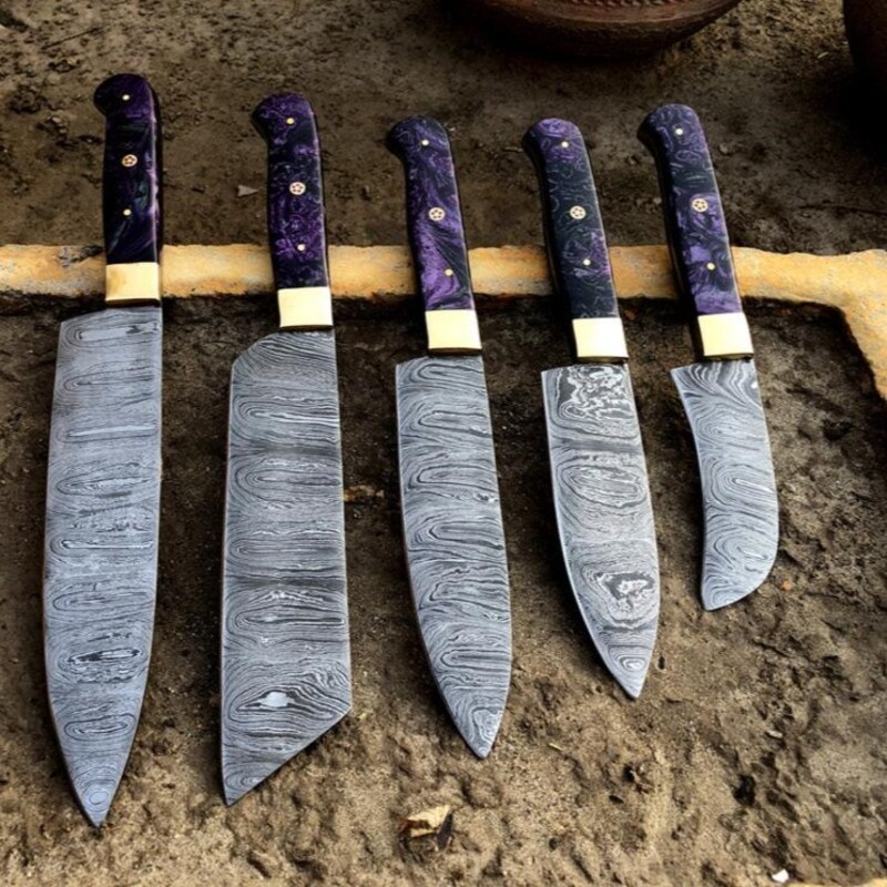 Hand-Forged 5-Piece Damascus Chef Knife Set – Culinary Kitchen Knives with Leather Roll Kit