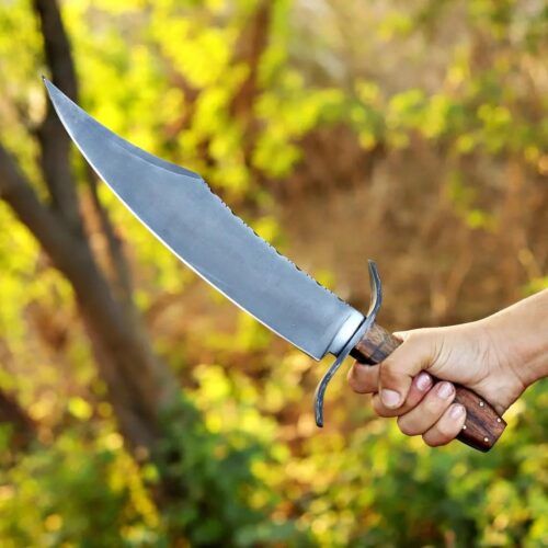 USA historical replica Bowie knife 18 inch razor sharp blade rosewood handle leather sheath HRC 59 frontier outdoor EDC knife full view collectible