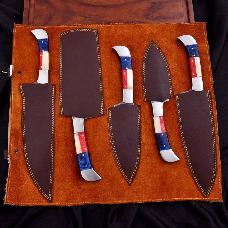 Custom Handmade Culinary Chef Knife Set – 5 Piece Damascus Kitchen Knives with Texas Style Handles & Leather Bag - Image 5