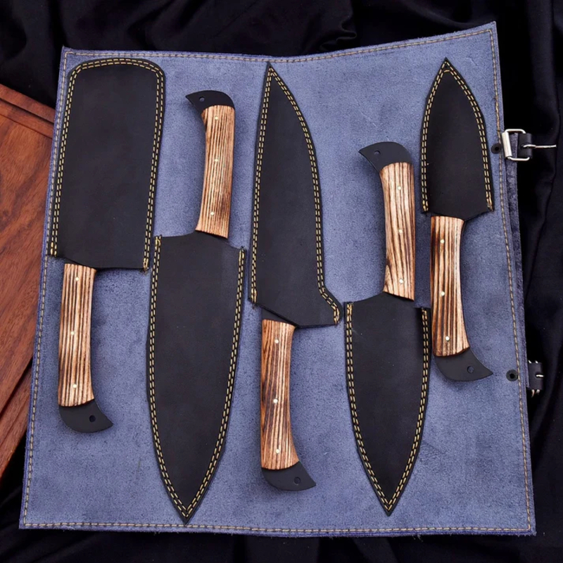 Hand-Forged D2 Steel Chef Knife Set – 5 Piece Kitchen Knives with Ash Wood Handles & Leather Roll Bag - Image 5