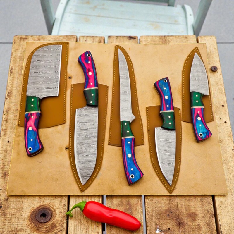 5-Piece Handmade Damascus Chef Knife Set – Chef, Fillet, Cleaver, Paring Knives with Leather Sheath - Image 4