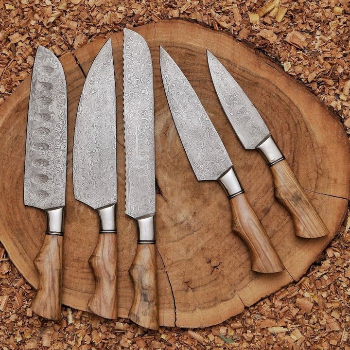 Handmade 5-Piece Damascus Chef Knife Set – Paring, Utility, Chef, Bread & Cleaver with Leather Roll Handmade 5-Piece Damascus Chef Knife Set – Paring, Utility, Chef, Bread & Cleaver with Leather Roll - Image 5