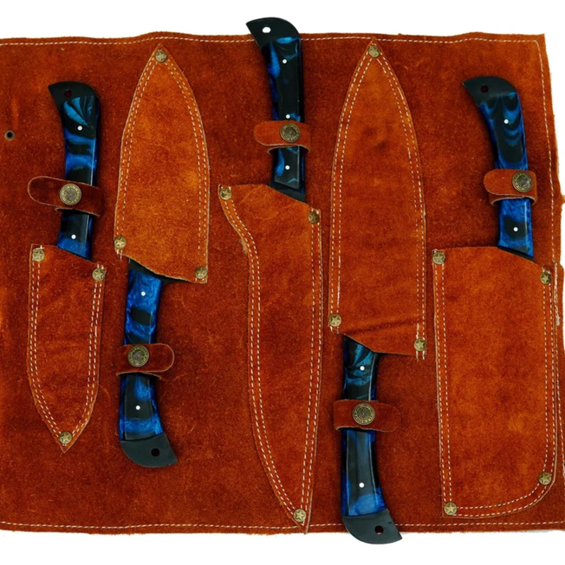 Hand-Forged D2 Steel Chef Knife Set – 5 Piece Kitchen Knives with Blue Resin Handles & Leather Roll Bag - Image 5