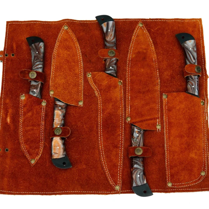 Heavy-Duty Culinary Kitchen Knife Set – 5 Piece Handcrafted D2 Steel Chef Knives with Resin Grip & Leather Roll - Image 5