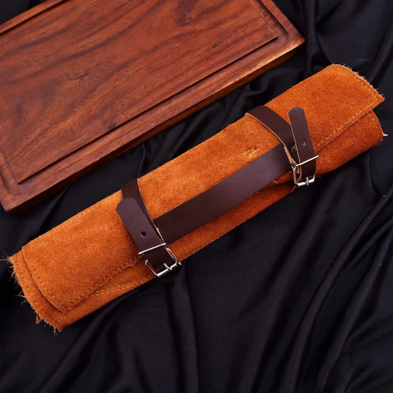 Artisan Culinary Chef Knife Set – 5 Piece Hand Forged Damascus Kitchen Knives with Hammered Finish, Wooden Handles & Leather Roll - Image 6