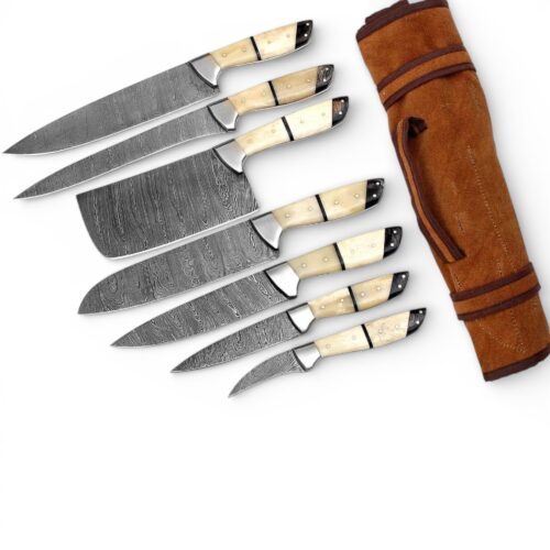 Damascus Steel Culinary Chef Knife Set 7 Pcs Kitchen Knives with Leather Roll Bag