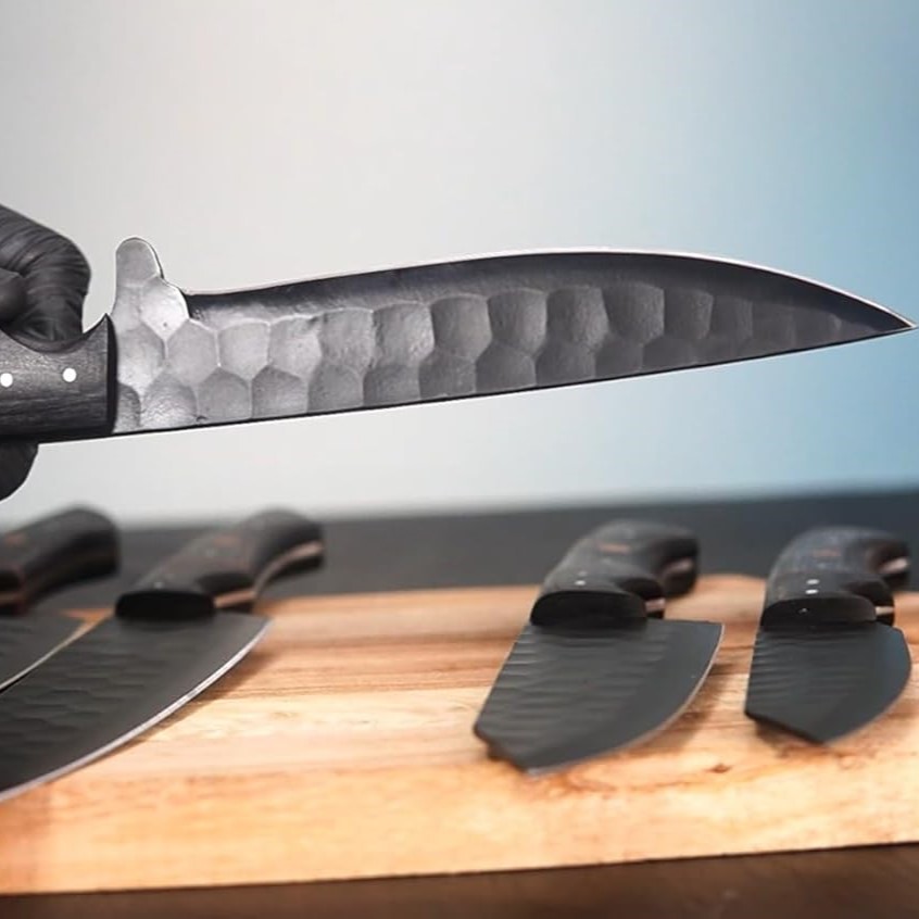 FORGE HIDE 5-Piece Hand-Forged Damascus Chef Knife Set Ergonomic Kitchen Knives with Leather Roll Bag - Image 4