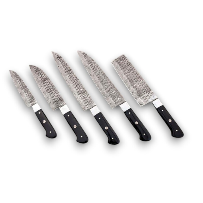 Hand-Forged 5-Piece Damascus Steel Culinary Chef Knife Set – Outdoor & Kitchen Use with Leather Roll Bag Hand-Forged 5-Piece Damascus Steel Culinary Chef Knife Set – Outdoor & Kitchen Use with Leather Roll Bag - Image 7