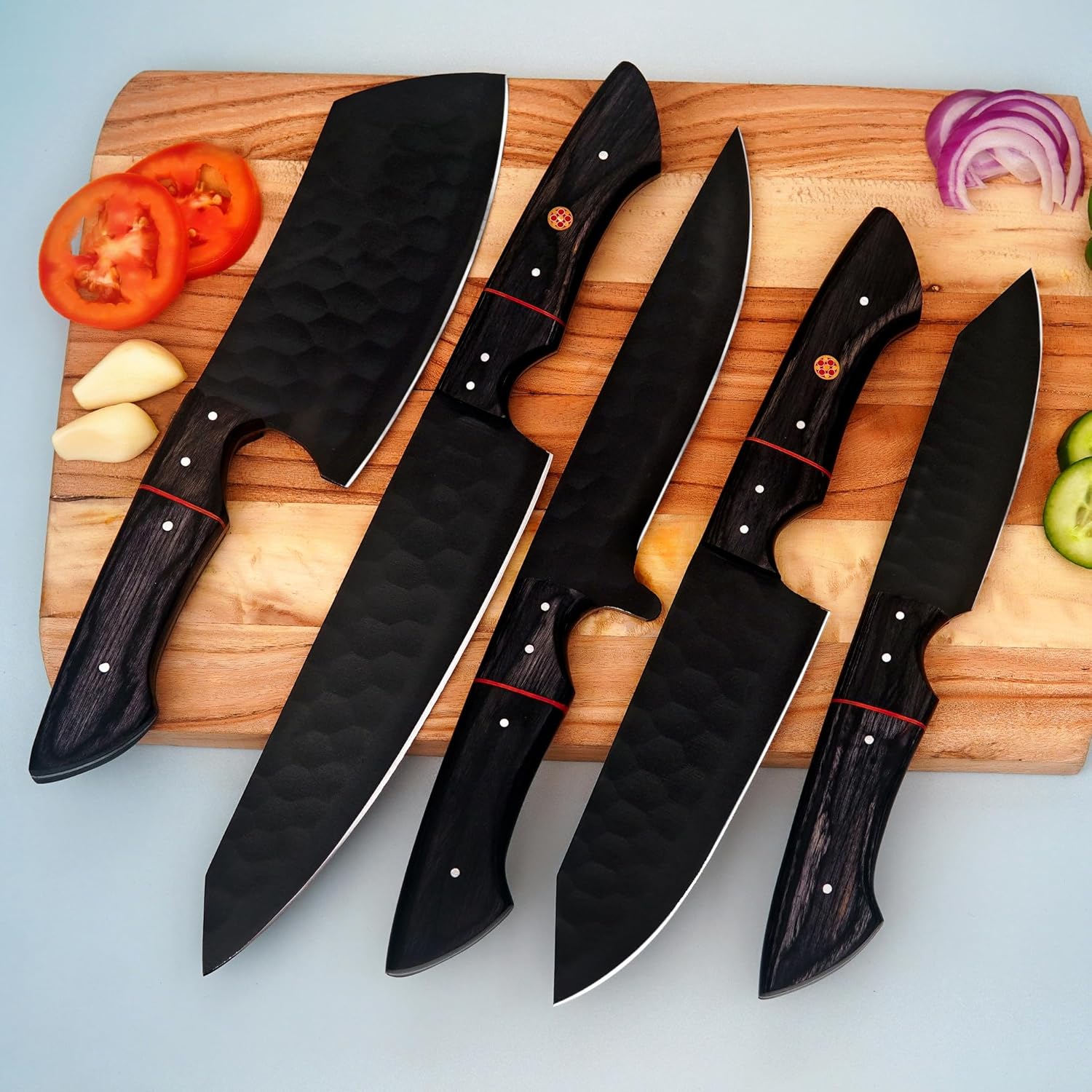 FORGE HIDE 5-Piece Hand-Forged Damascus Chef Knife Set Ergonomic Kitchen Knives with Leather Roll Bag