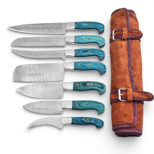 Stainless Steel Culinary Chef Knife Set Damascus Blades with Ergonomic Wood Handles & Portable Knife Bag