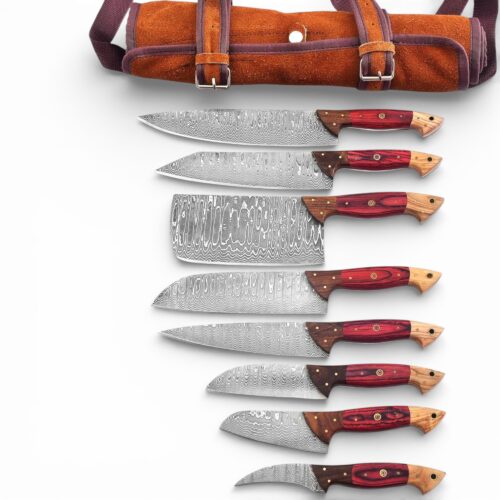 Damascus Steel Culinary Chef Knife Set 8 Pcs Kitchen Knives with Leather Roll Bag