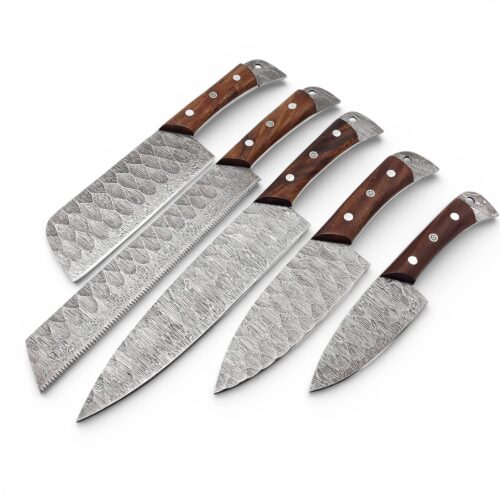 Culinary Chef Knife Set Damascus Blades with Rosewood Handles & Leather Roll Bag