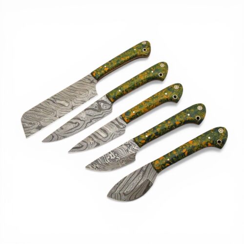 Damascus Steel Culinary Chef Knife Set 5 Pcs Kitchen Knives with Cowhide Leather Sheath