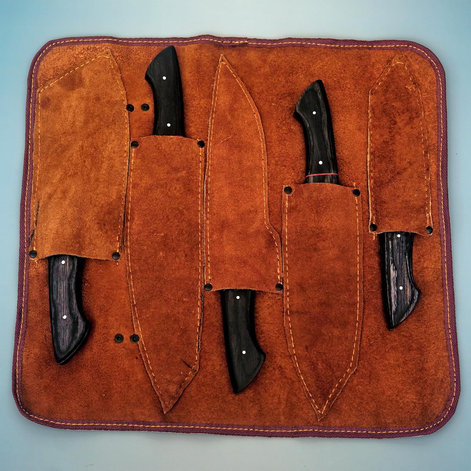 FORGE HIDE 5-Piece Hand-Forged Damascus Chef Knife Set Ergonomic Kitchen Knives with Leather Roll Bag - Image 7