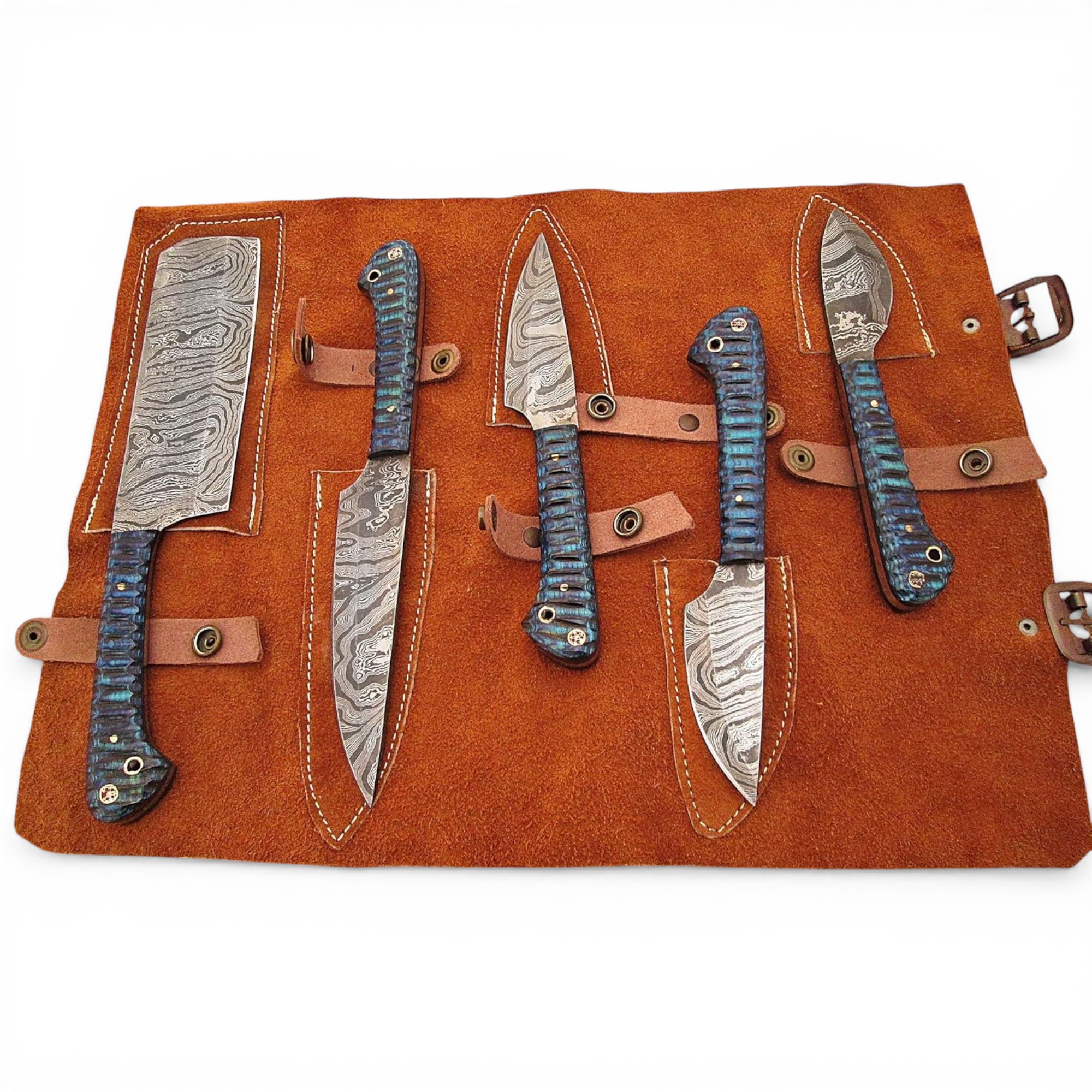 Damascus Steel Culinary Chef Knife Set 5 Pcs Kitchen Knives with Leather Sheath - Image 5