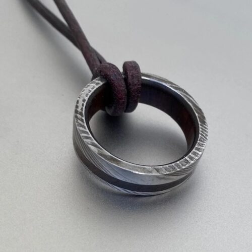 Custom Damascus Ring Necklace | Whiskey Barrel Wood Pendant | Handmade Jewelry by Thom Williams