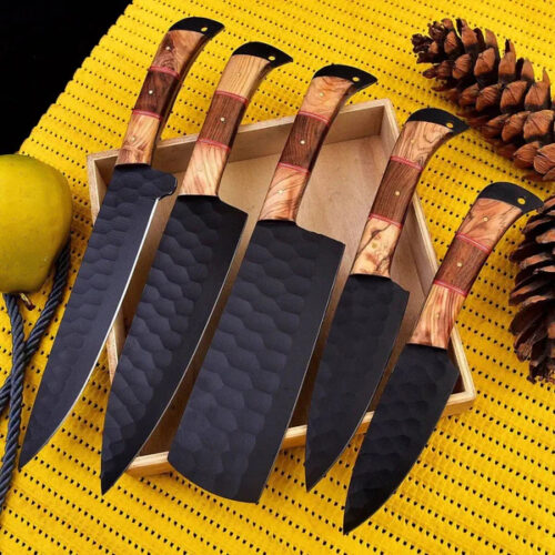 Hammered Black 5-Piece Culinary Chef Knife Set – Olive Wood Handles for Kitchen & Gifting